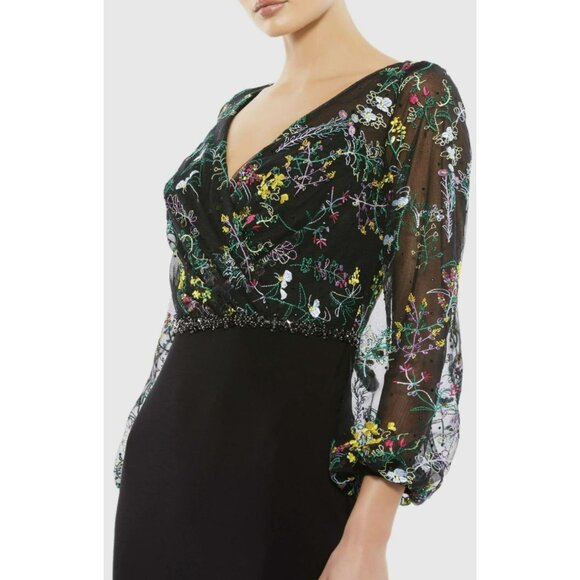 Mac Duggal $498 Embroidered Maxi Dress Puff Sleeve Gown Sz 14 NWT - Picture 3 of 9